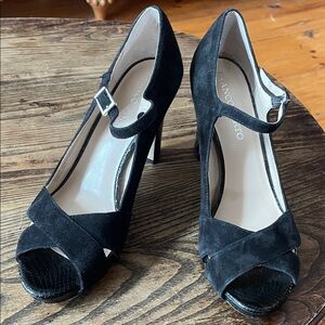 Franco Sarto Valita Black Suede Peep-Toe Heels
